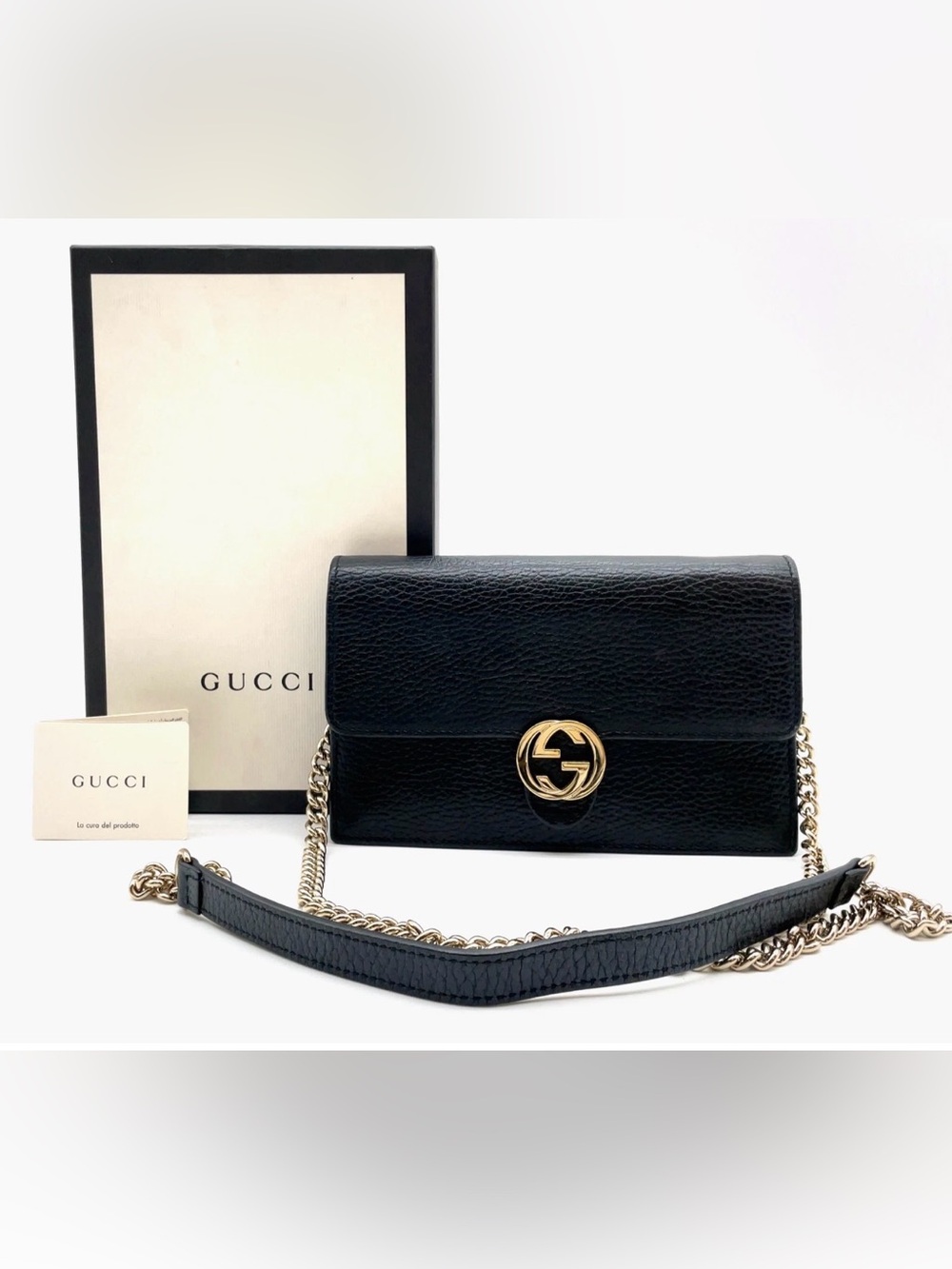 Authentic Gucci Black Leather Chain Crossbody with Gold Double GG Bag / Clutch